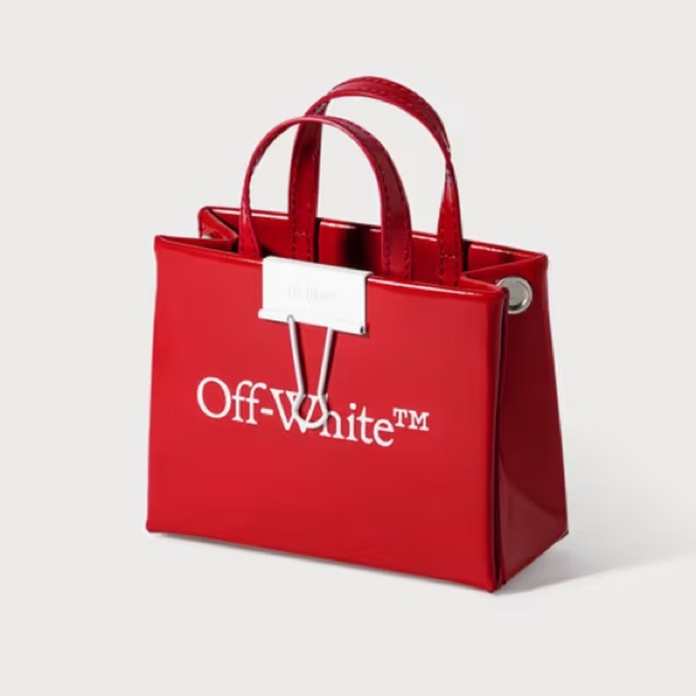 Off-White Red Leather Baby Box Mini Bag with Strap and Binder-Clip Accent
